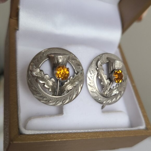 Vintage WB Scotland Sterling Silver Boho Yellow Citrine Circle Stud Earrings - Picture 11 of 13